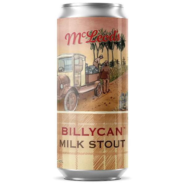 Can of McLeod's Billycan Milk Stout with vintage illustration on a white background