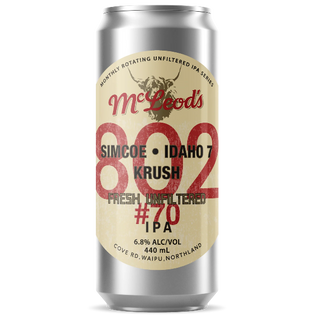 Silver beer can with a red and beige label on a white background