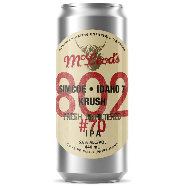 Silver beer can with a red and beige label on a white background