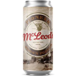 A can of Mcleod's Pioneer Porter beer with a label showing a vintage image of a horse and carriage.