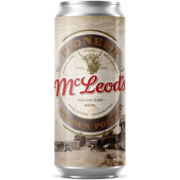 A can of Mcleod's Pioneer Porter beer with a label showing a vintage image of a horse and carriage.