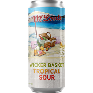 A can of McLeod's Wicker Basket Tropical Sour beer featuring an illustration of a wicker basket with fruits and a beach background.