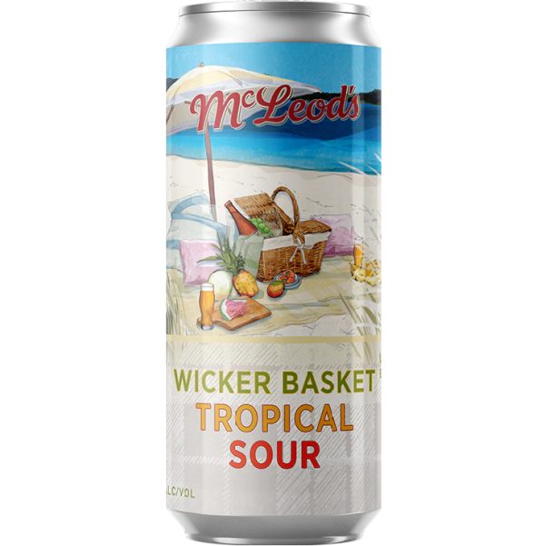 A can of McLeod's Wicker Basket Tropical Sour beer featuring an illustration of a wicker basket with fruits and a beach background.