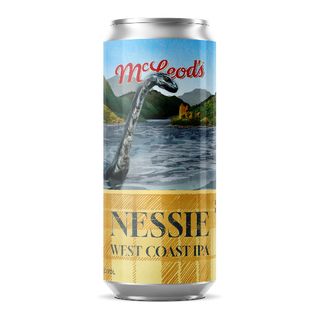Can of McLeod's Nessie West Coast IPA with a depiction of the Loch Ness Monster.