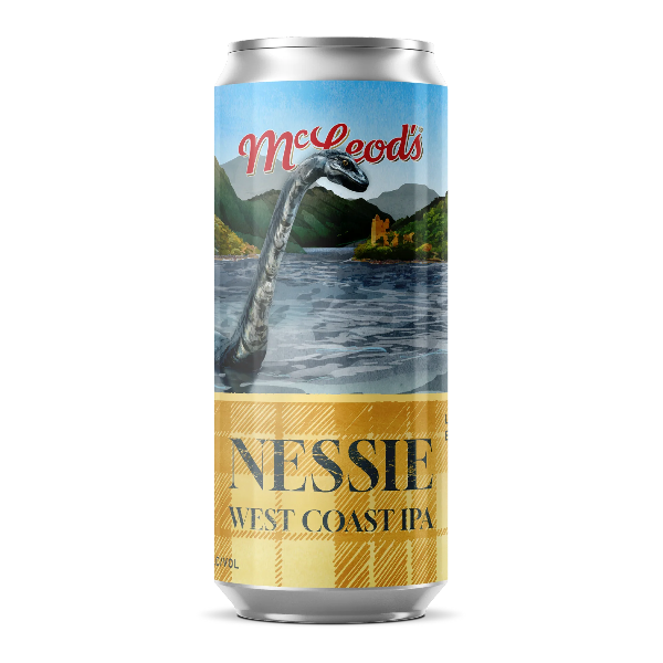Can of McLeod's Nessie West Coast IPA with a depiction of the Loch Ness Monster.