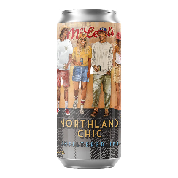 Beer can with 'McLeod's Northland Chic' branding on a white background