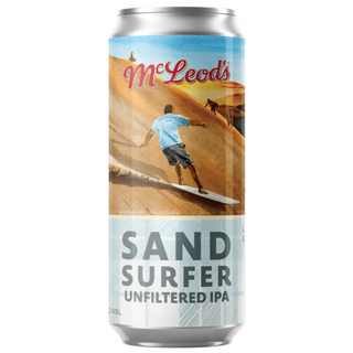 Can of McLeod's Sand Surfer Unfiltered IPA with a beach scene on the label.