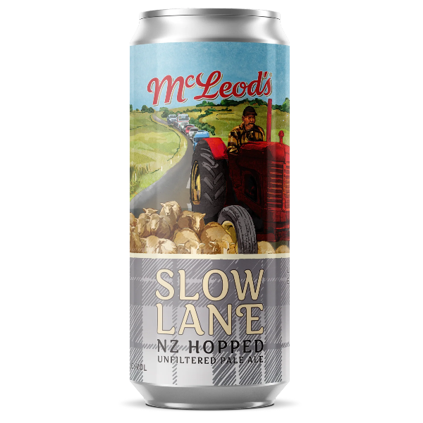Can of McLeod's Slow Lane NZ Hopped Unfiltered Pale Ale with a farm scene on the label.