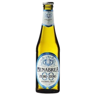 Bottle of Menabrea Zero-Zero alcohol-free beer on a white background