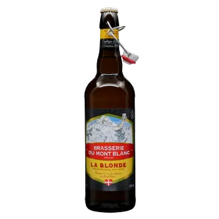 Bottle of La Blonde beer from Brasserie du Mont Blanc on a white background