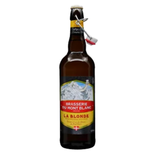 Bottle of La Blonde beer from Brasserie du Mont Blanc on a white background