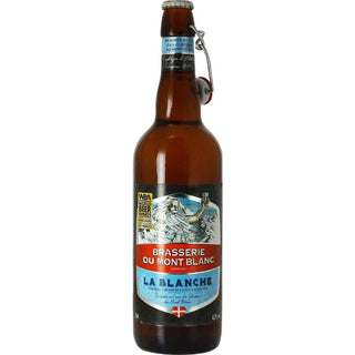 Brown beer bottle with a label featuring 'Brasserie du Mont Blanc' on a white background
