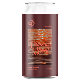 Crimson Swell NZ Amber Ale can with wavy water design in the background