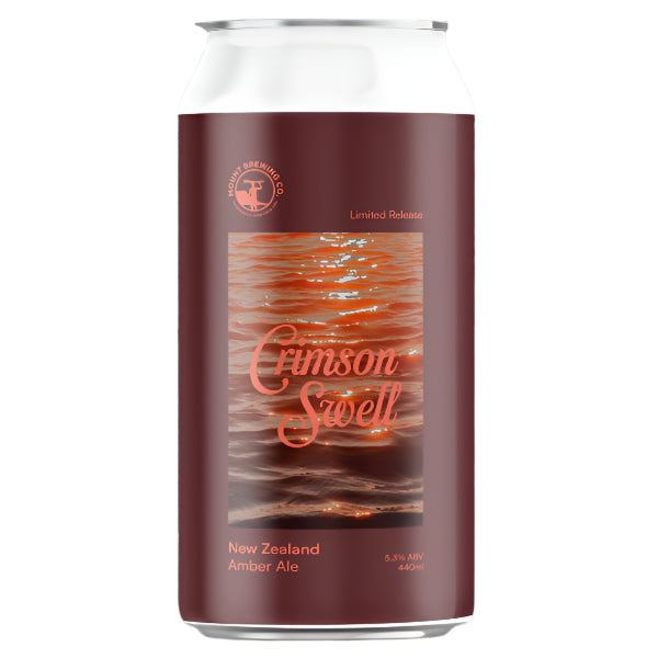 Crimson Swell NZ Amber Ale can with wavy water design in the background