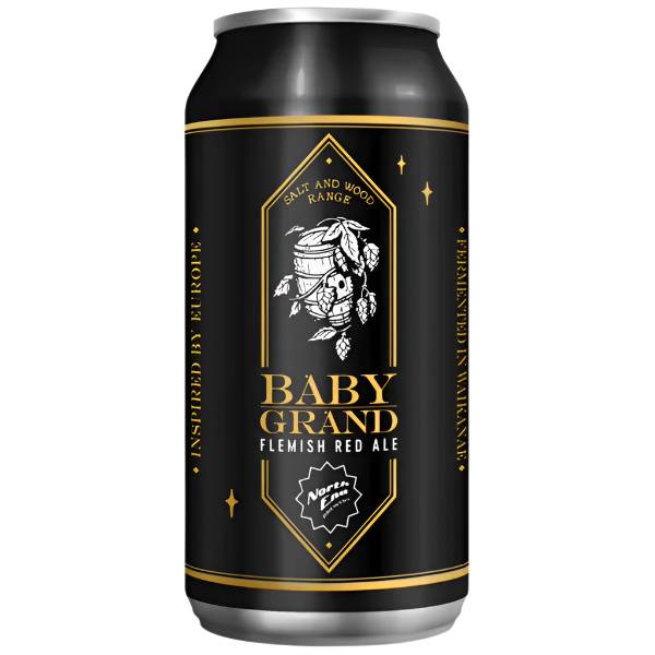 Black beer can with gold and white label on a white background