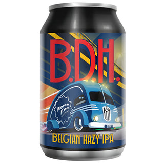 Can of BDH Belgian Hazy IPA with a vintage truck design on a white background
