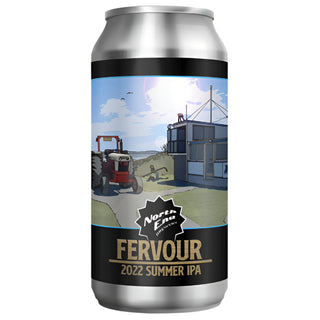 A can of North End Fevour Summer IPA featuring a graphic of a tractor and hops plants, indicating a agricultural setting likely related to the brewing process.