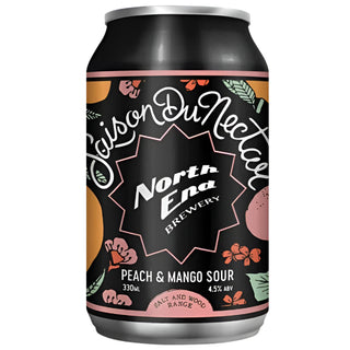 Can of North End Brewery Peach & Mango Sour beer on a white background