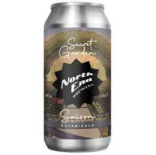 A can of North End Secret Garden Herb Saison with botanicals, indicating a seasonal beer with a botanical theme.