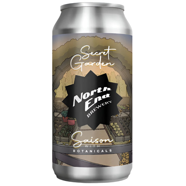A can of North End Secret Garden Herb Saison with botanicals, indicating a seasonal beer with a botanical theme.