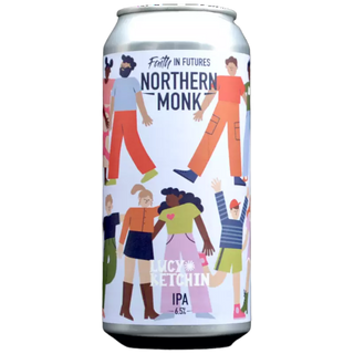 Beer can with colorful illustrations of people and 'Northern Monk' branding on a white background