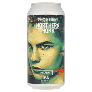 Beer can with Northern Monk branding and artistic design on a white background