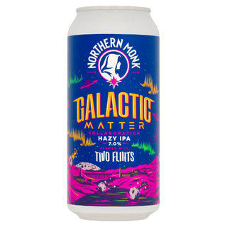 Can of Northern Monk Galactic Matter Hazy IPA with colorful design on a white background