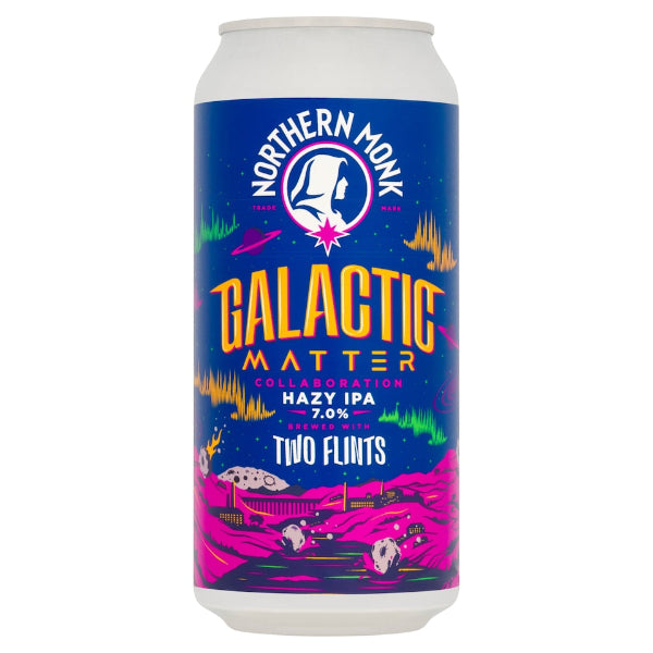 Can of Northern Monk Galactic Matter Hazy IPA with colorful design on a white background