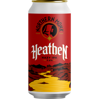 Beer can with 'Northern Monk Heathen Hazy IPA' label on a white background