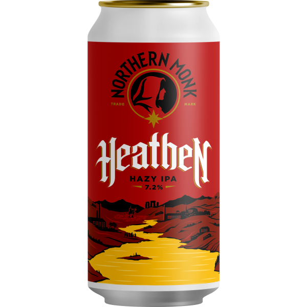 Beer can with 'Northern Monk Heathen Hazy IPA' label on a white background