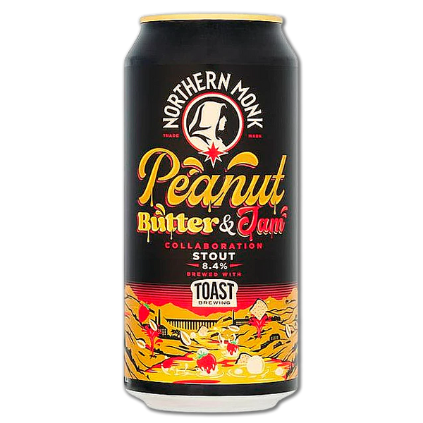 Beer can with 'Northern Monk Peanut Butter & Jam' branding on a white background