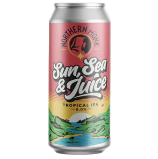 Beer can with 'Sun Sea & Juice' branding on a white background