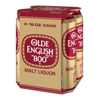 Packaging of Olde English '800' malt liquor cans with red and gold design.