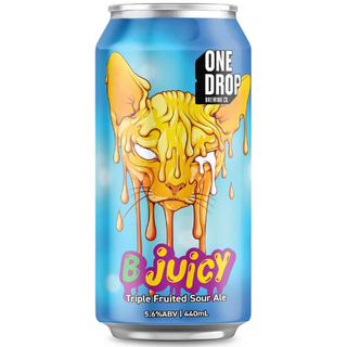 Can of One Drop Brewing Co. B Juicy Triple Fruited Sour Ale with a colorful label featuring a cat illustration.