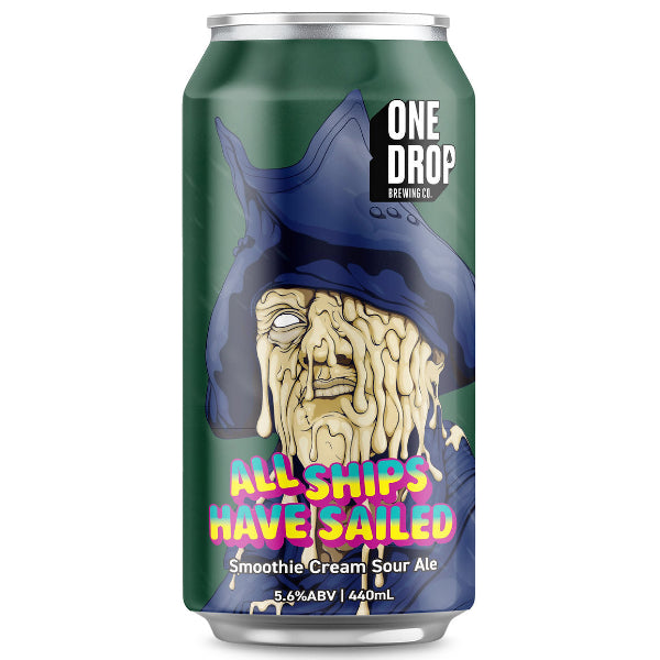 Beer can with a graphic of a ship captain and text on a green background