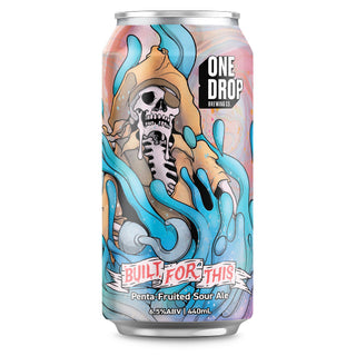Beer can with artistic design and 'One Drop' branding on a white background