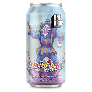 Beer can with clown graphic and 'One Drop' branding on a white background