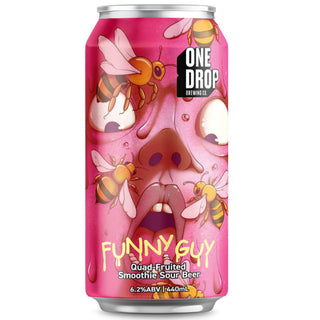 Pink can of 'Funny Guy' beer with cartoon mushrooms and bees on a white background