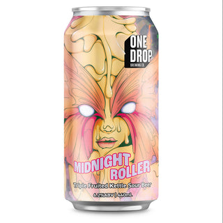 Beer can with colorful design and 'One Drop' branding on a white background