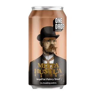 Beer can with a label featuring a man in a hat and mustache, labeled 'One Drop Mista Hustla'.
