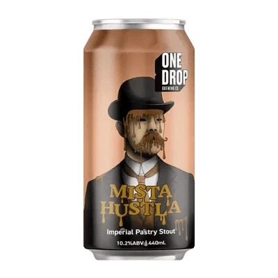 Beer can with a label featuring a man in a hat and mustache, labeled 'One Drop Mista Hustla'.