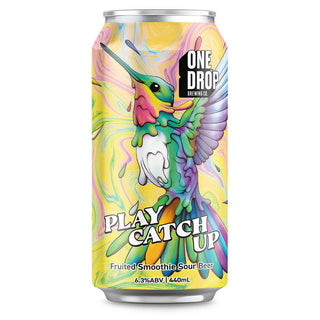 Colorful beer can with a hummingbird design on a white background