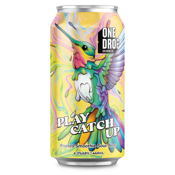 Colorful beer can with a hummingbird design on a white background