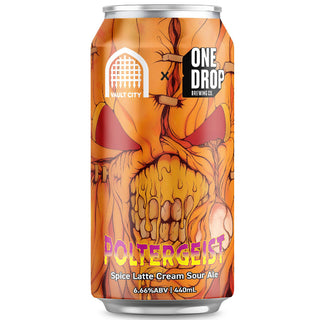 Beer can with 'One Drop' branding and 'Poltergeist' flavor on a white background