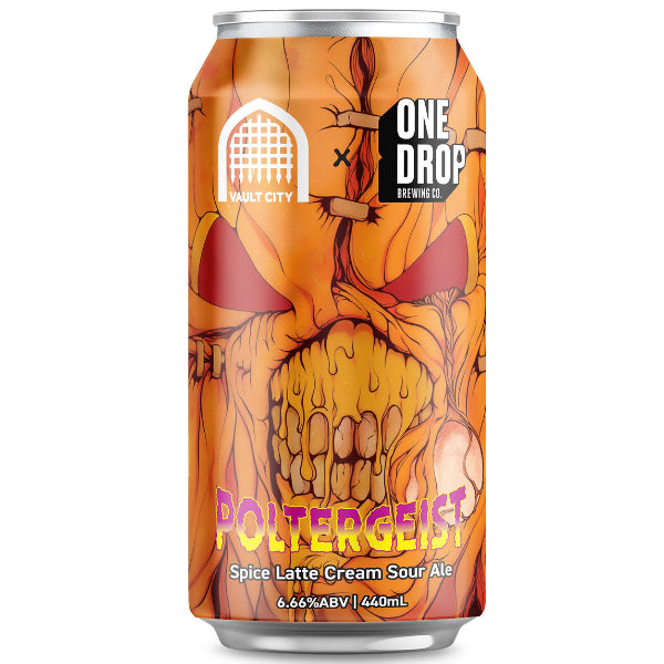Beer can with 'One Drop' branding and 'Poltergeist' flavor on a white background