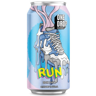 Beer can with colorful design and text on a white background