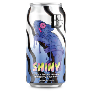 Can of Shiny Double Fruited Imperial Blueberry Sour Beer with a colorful design on a white background