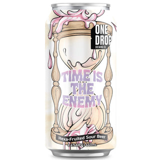 Beer can with hourglass design and text 'Time is the Enemy' on a white background