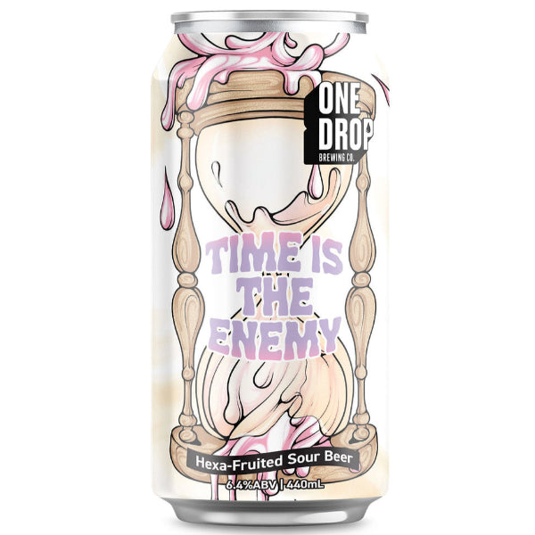 Beer can with hourglass design and text 'Time is the Enemy' on a white background