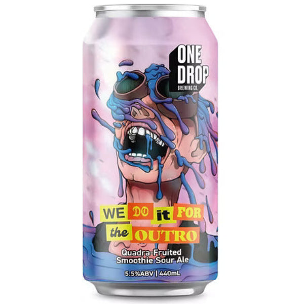 Beer can with colorful design and text on a white background